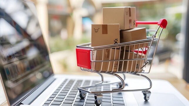 Mail cardboard boxes inside a miniature mini shopping cart on a laptop, e commerce, online shopping, buy online, sale, HD Background wallpaper
