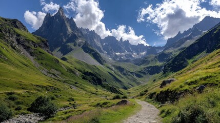 Fototapeta premium A scenic trail winding through the heart of the Alps, surrounded by towering peaks and vibrant alpine meadows under a clear blue sky