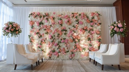 A serene flower wall with soft pink and peach roses interwoven with eucalyptus leaves, ideal for bridal shower decorations