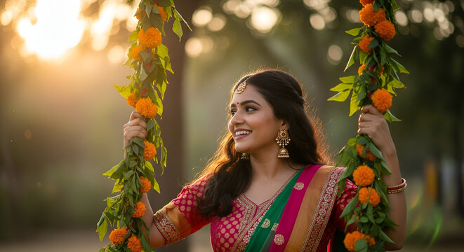 Smiling Indian Woman Celebrating Teej Festival on a Traditional Floral Swing – Joyful Portrait in Festive Attire at Sunset