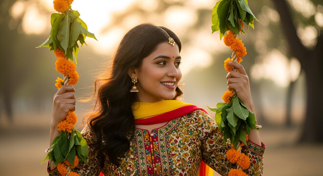 Smiling Indian Woman Celebrating Teej Festival on a Traditional Floral Swing – Joyful Portrait in Festive Attire at Sunset