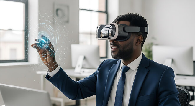 African American businessman uses virtual reality headset interacting with digital interface in a modern office setting