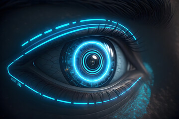 Close-up of a glowing blue cyber eye with futuristic neon circuits and AI-inspired mechanical iris, perfect for sci-fi technology themes
