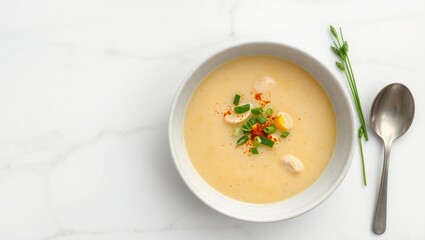 chicken corn soup top-down photo marble background copy space left soup on right food flatlay clean surface light backdrop soup styling
