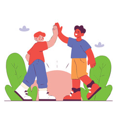 Two happy friends giving each other a high five in a vibrant outdoor setting with lush greenery and a soft sun