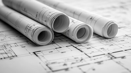 Architectural blueprints rolled up on a table, showcasing detailed plans and measurements, emphasizing the design process and creativity in construction projects