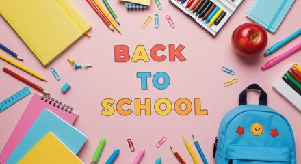 Back to School Flat Lay with Colorful Supplies and Backpack on Pink Background - Education Concept for Students, Teachers, and Parents