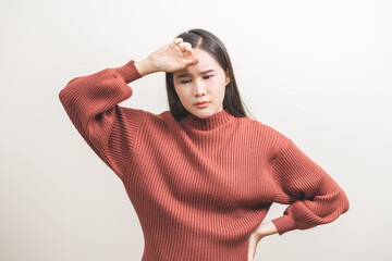 Dizzy asian young woman, stressed girl headache, pain migraine pain suffering from vertigo standing...