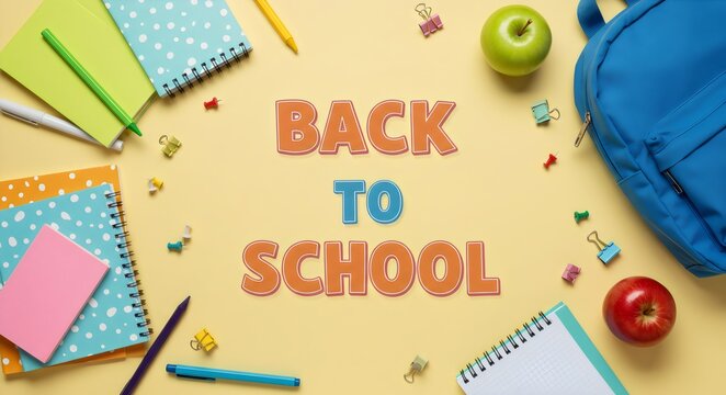 Back to School Flat Lay with Colorful Supplies and Backpack on Pink Background - Education Concept for Students, Teachers, and Parents