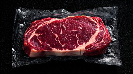 High-quality photo of raw Striploin marbled beef steak vacuum Packed isolated on black, logo mockup.