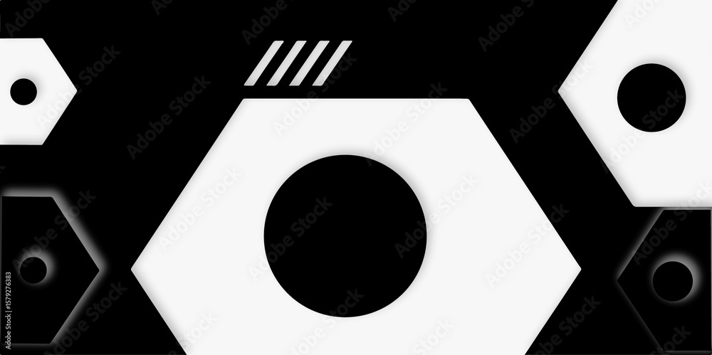 Poster featuring hexagons circles and diagonal lines in a geometric pattern.