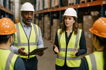 Workers in safety vests and helmets engage in a safety briefing in a warehouse, emphasizing teamwork and communication for workplace safety