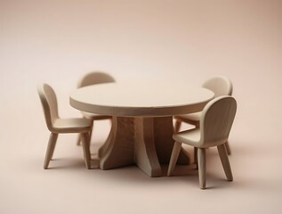 Monochrome wooden toy furniture, a round table with four chairs scene