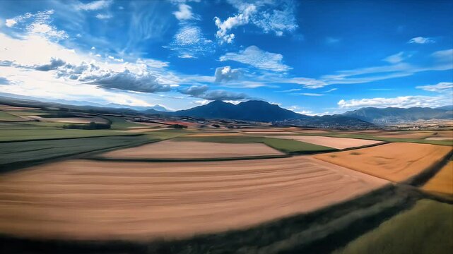 Panoramic aerial view of a patchwork landscape with mountains