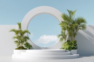 Minimalist white platform with circular frame, showcasing tropical plants against a light blue sky backdrop
