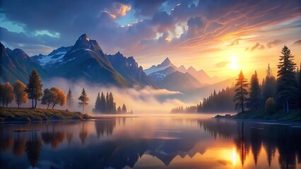 Serene Sunrise Over Misty Lake with Reflective Waters and Majestic Mountains in the Background
