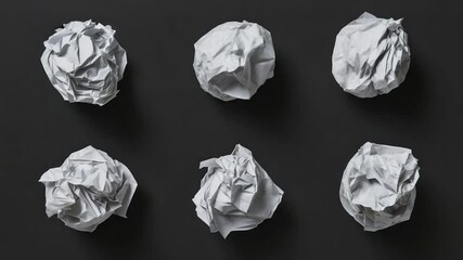 Six crumpled white paper balls on a dark background.
