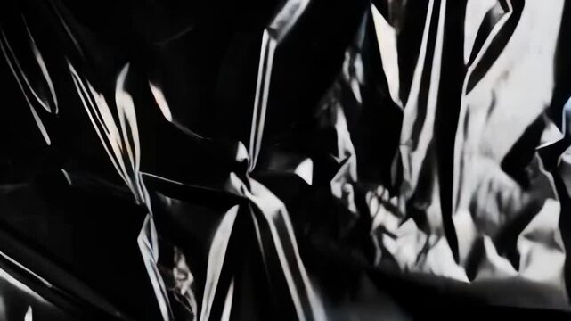 Shiny black plastic surface background with wrinkle and crease pattern, providing a modern graphic element or artistic backdrop
