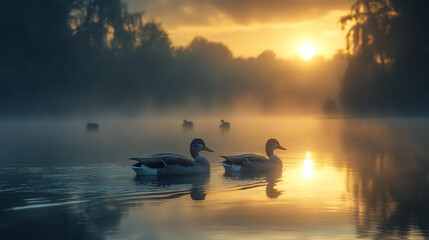 Quaint Nature Moment with a Family of Ducks Near a Stream