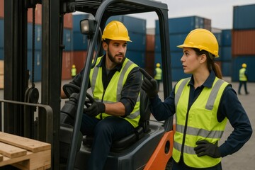 Two forklift operators in safety gear discuss logistics in a busy shipping yard, surrounded by stacked cargo containers and colleagues