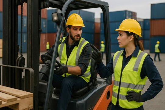 Two forklift operators in safety gear discuss logistics in a busy shipping yard, surrounded by stacked cargo containers and colleagues