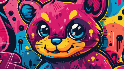Colorful Graffiti Style Cartoon Animals with Cute Expressions in Vibrant Urban Street Art Wall Mural