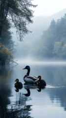Ducks and Ducklings Waddling Along a Riverbank