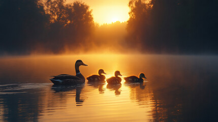 Scenic Outdoor View Featuring a Duck Family in the Wild