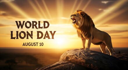 Majestic lion roaring on rock at sunrise for world lion day