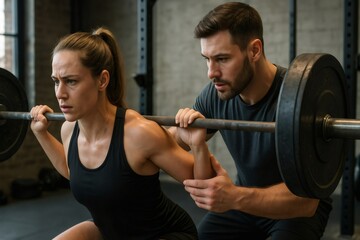 Focused trainer assists a woman in improving her weightlifting posture during a gym session, ensuring proper technique and safety