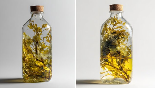 Plastic Bottle with Seaweed Growth – Studio Shot of Marine Pollution Concept on White Background with Green and Yellow Color Palette - Powered by Adobe