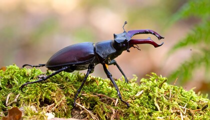 Stag beetle stands on mossy stump.