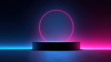 Vibrant photo of empty podium floating in the air with line gradient neon ring on background. illustration with abstract scene with pink and blue neon frame.