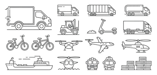 Transportation Icons Line Art Set Delivery Vehicles