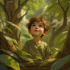 Little girl standing in the forest surrounded by trees and nature