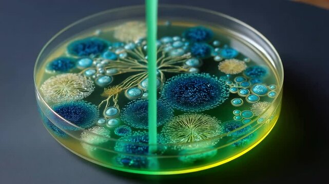 Blue-green algal colony in a culture media plate.