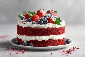Two-layered red velvet cake adorned with fresh strawberries, blueberries, whipped cream, and mint; dusted with powdered sugar, presented on a white plate against a grey background