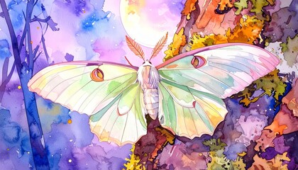 Watercolor luna moth at night on tree