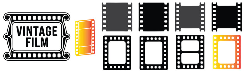 Obraz premium Vintage Film Frame Vector Silhouette Set, A collection of 10 high-resolution black vintage film frame silhouettes perfect for photography overlay, thumbnails, posters, retro prints, and wall decor