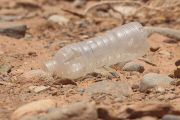 A close-up of a plastic bottle lying on the ground