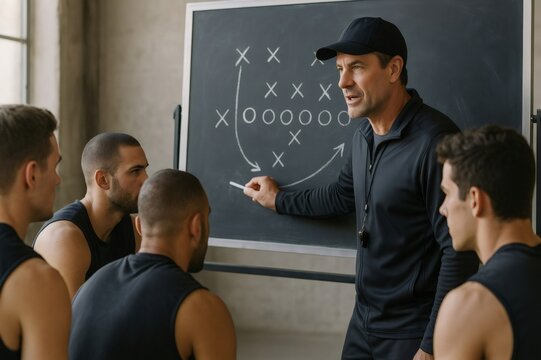 Coach discusses game tactics with attentive players, using a chalkboard to illustrate strategies during a focused training session