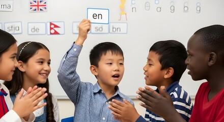 Diverse Kids Learning Language with Flashcards in Colourful Classroom
