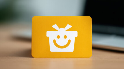 Employee birthday small office party, Gift card with smiley face icon wooden table office environment for employee birthday