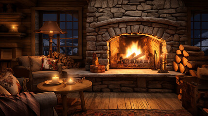 Cozy Cabin Interior Night Scene Warm Fireplace Burning Logs Wooden Furniture Candles Winter Landscape View