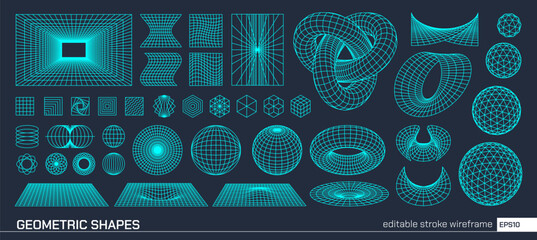 Editable stroke vector set of abstract geometric elements. Grid 3D shapes, wireframe mesh, sphere and cube. Futuristic design in cyberpunk, y2k, retro style. For logo graphic, poster tech background