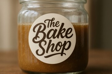 Glass jar featuring a stylish bakery label sticker with elegant typography, showcasing a rich, caramel colored content inside