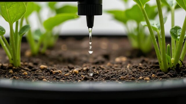 Close-up of a drip irrigation emitter watering young green plants in dark soil