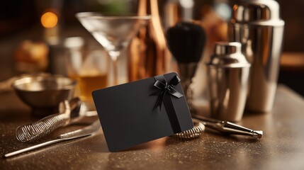 Black Gift Card in Bar Setting: A black gift card with a black ribbon sits on a bar counter, surrounded by cocktail-making equipment.