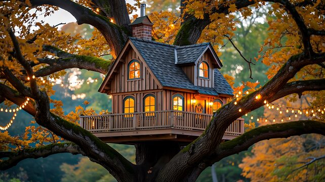 Charming wooden treehouse with warm lights nestled in autumn tree

