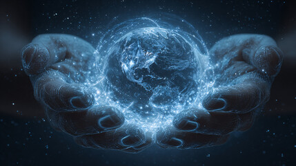 Holographic Hands Cradling the Digital Earth in Space